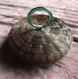 Vintage Chinese Wicker Sewing Basket with a Green Peking Glass Ring